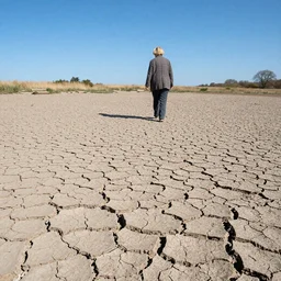 Parched ground on Hampstead Heath. walking with aunt, cracks in ground, drought, blue sky, photorealistic