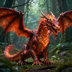 handsome fire dragon in Amazon rainforest, background focus, fantasy, magic, realistic textured skin, 8K