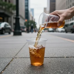 A plastic cup with liquid being captured in the moment of being overturned by wind on sidewalk of a big city, Sigma 24 mm f/8, 1/1000 sec shutter