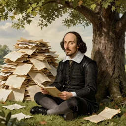 shakespeare sitting beneath a shade tree with a big pile of crumpled parchment behind him