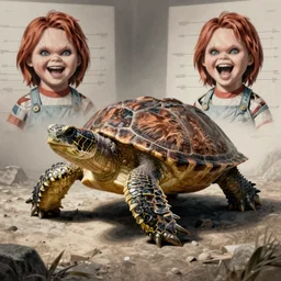 giant snapping turtle with screaming chucky doll head anatomical drawing reference sheet