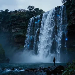 neill blomkamp movie shot, a bioluminescent waterfalls, dusk, movie shot, photo real, ultra detailed,
