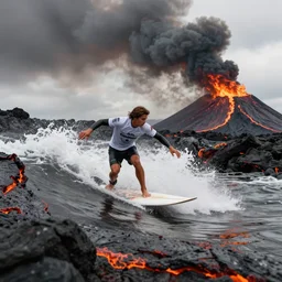 medium shot of a person wearing a sponsored jersey surfing down a river of lava on the side of a volcano on surfboard, action shot, dystopian, thick black smoke and fire, sharp focus, cinematic, imax