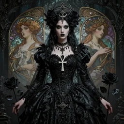 a stunning gothic princess portrait by tom bagshaw, greg rutkowski, donata giancola, alphonse mucha, wearing an ornate raven dress, ankh necklace, intricate ardornments, black magic, black roses, gothic, art nouveau, dark academia, atmosphere, realism, octane render, dof, whirling nebulas, hyperdetailed, 8 k,