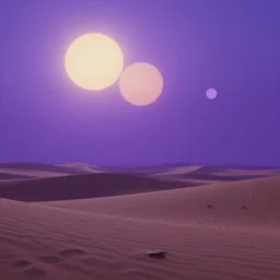 scifi wallpaper landscape, desert with two suns, purple color tone. len blur background bokeh. art by ismail inceoglu, filip hodas, and pixar.