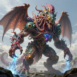 giant colorful hyperbeast, complex and intricate, lot of head eyes wings, horror, details, fleshy appendages, tentacles, hairs, plasma beams and streams of water artstation, attacking, concept art, smooth, sharp focus, illustration, by greg rutkowski and zdzislaw beksinski, good clear quality, lighting, biology, hyper realism, hyper colors