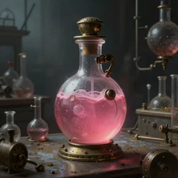a painting of a steampunk dark pink potion bottle in a dark dusty vintage science lab, by h. r. giger, hyperrealistic fantasy art, concept matte, ethereal, dreamy, digital art, trending on artstation, volumetric cinematic lighting