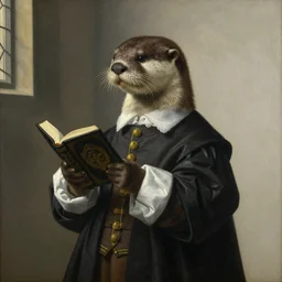 Painting of an otter wearing nobleman's robes, holding a prayer book in a chapel, by Johannes Vermeer