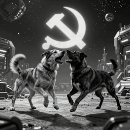 vicious dogs fighting, black and white, highly detailed, communist, space, futuristic, hyper real