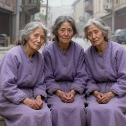 light violet tetrad colours, painted portrait of three rugged old homeless women begging in the street, city background by ruan jia greg rutkowski, unkempt hair, clear face feminine females mature sensual beautiful homeless fantasy intricate elegant detailed digital painting, concept art artstation sharp focus illustration