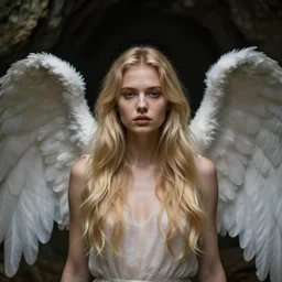 very pretty blond female angel with large wings in a dark cave, perfect symmetrical face, shallow depth of field, moody lighting, 8 k, concept art, in the style of martina fackova,