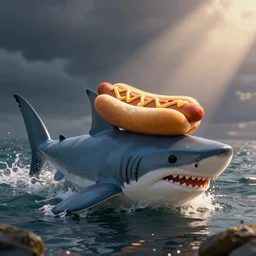 a real life representation of a hotdog riding a shark