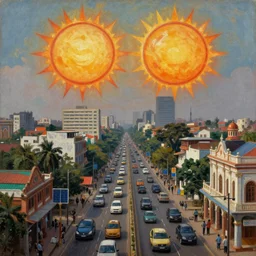 solarpunk dhaka city under twin suns, Dhaka traffic, Old Dhaka, realistic painting, classical painting, high definition, digital art, matte painting, vibrant, mystical, fantasy art, very detailed, realistic