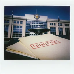 polaroid photo of the fbi offices, with a close - up of the secret files with a confidential stamp mark, photography ufo