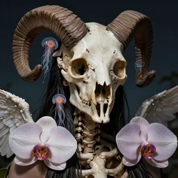 hyperrealism, night background, super zoom, goddess close - up portrait of real human skeleton ram skull!!!! jellyfish!! phoenix crow wings! giant orchid!! artwork by tooth wu and wlop. octane render, trending on artstation, greg rutkowski cinematic, hyper realism, high detail, octane render, 8 k
