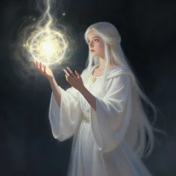 Priestess casting a ball of pure light energy,high fantasy, matte painting