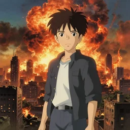 anime character in front of an apocalyptic city and the clouds are burning, hyperrealistic, trending on pixiv fanbox, painted by greg rutkowski makoto shinkai takashi takeuchi studio ghibli, akihiko yoshida