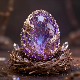 in the magic nest, a beautiful distinct mystical dragon egg covered with huge electroplated glossy scales ， amethyst, magic light dust, crystalized.,. symmetrical. game asset, octane render, depth of field, artstation, by greg rutkowski, beeple, in dark, warm toplight 8 k