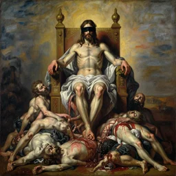 blindfolded!!!!!!!!!!! jesus christ sitting atop a huge!!!! throne of entwined bodies, blood, viscera, corpses piled, horrific, elegant!!!, ominous, highly detailed painting by goya!!! phil hale!! gaston bussiere, craig mullins, michelangelo! 8 k, visible brush strokes, paint texture