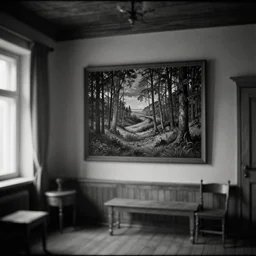 old fashion interior russian house, forest, artwork by Rene Magritte, night, pinhole analogue photo quality, monochrome, blur, unfocus, cinematic, 35mm