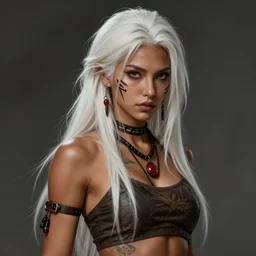 realistic beautiful gorgeous natural cute fantasy badass epic assassin tanned skin tribal girl white blonde hair art drawn full HD 4K highest quality in artstyle by professional artists WLOP, Taejune Kim, JeonSeok Lee, ArtGerm, Ross draws, Zeronis, Chengwei Pan on Artstation