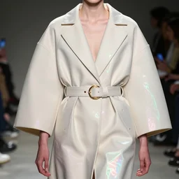 haute couture modern iris van herpen fold volume coat with open neckline, double layer oversize curved seam top, double layer fold over hem, cropped wide sleeve, self belt with leather covered ring closure, back slit, tonal topstitching, gold hardware, lined in cotton, holographic tones scheme sigma, avant modern runway design 8 5 mm f _ 8, high detail