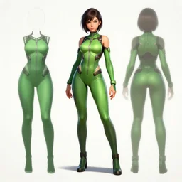 a character design sheet of a girl with a green thight bodysuit from a sci-fi action game. Important: large hips, tiny waist