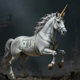 a unicorn counting currency, cinematic atmospheric lighting, dark, atmospheric, brooding, painted, intricate, ultra - detailed by dave dorman, well composed, best on artstation, cgsociety, epic, stunning, gorgeous, intricate details, wow, masterpiece