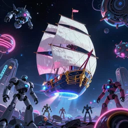 wide angle shot, Flying Dutchman sailing in space, scifi robots, neon lights, james gurney, katsuhiro otomo, james paick, cinematic lighting, artstation, vibrant nature, anime style, Craig Mullins, Greg Rutkowski, Pete Morbacher, Tuomas Korpi, tekkon kinreet, volumetric light, artstation, , octane render, redshift render, low angle camera