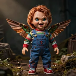 screaming chucky doll with hummingbird wings