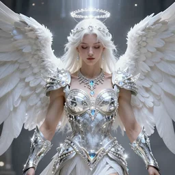 white muscular angel with beautiful face, wearing diamond armor, shining light, jewelry, god rays