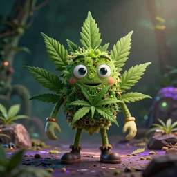portrait of a magical cartoon cannabis character, octane render split lighting 8 k volumetric ambient studio lighting, cinematic