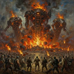 oil painting of 3 0 0 0 battle - panorama autolysis rotten god machines as torch lit nightmare machine radio granulation, by alberto bontempi, shigeru komatsuzaki, wayne d barlowe, alex ross, enric torres, simon bisley & boris vallejo, hyper realism, cinematical, narrative light, muted colors, epic, hyper detailed, awe inspiring