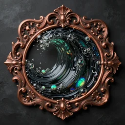 art nouveau cresting oil slick waves, hyperdetailed bubbles in a shiny iridescent oil slick wave, black opals, ornate copper patina medieval ornament, rococo, oganic rippling spirals, octane render, 8 k 3 d