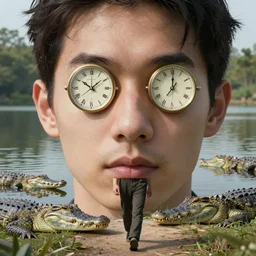 man's face with clocks as eyes, looking at the camera walking near lake with crocodiles, high detail, soft lighting, intricate, 8 k