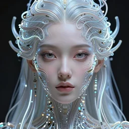 very beautiful woman, big open eyes, full face frontal centered, portrait, abundent detailed intricate symmetrical ornate neon cables connected to head, clear lips, luxurious long hair, sophisticated abundent wiring and implants, translucent, porcelain, fractal, sci - fi, dramatic lighting, photography, highly detailed, artstation, deviantart, 8 k, by chie yoshii