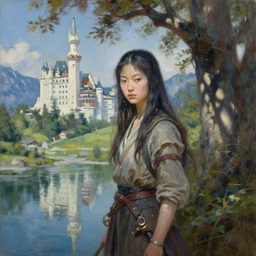 oil painting by ilya kuvshinov,, baugh casey, artgerm craig mullins, sakimi, coby whitmore, of a youthful japanese girl, long hair, female warrior in the alps, highly detailed, otherworldly face, disney palace in background studio photography, noon, intense bounced light, water reflection, large tree casting shadow, by zack snyder