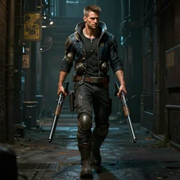 a detailed sci fi concept art of an extremely handsome jensen ackles as the terminator walking down a dark alley in cyberpunk 2 0 7 7, holding two sawed off shotguns, volumetric lighting, octane render, 8 k, art by greg rutkowski and albert bierstadt and alphones mucha