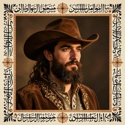 bearded cowboy, portrait, persian calligraphy border, persian folkore artstyle