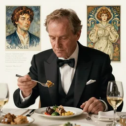 sam neil eating dinner, character sheet, character design, contrast, deep focus, turnaround, highly detailed, dramatic lighting, digital painting, artstation, concept art, matte, sharp focus, illustration, elegant, art by artgerm and greg f and alphonse mucha.