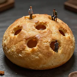 hyperrealistic giant crumpet with tiny people coming out of the holes, highly detailed, cinematic lighting, ricardo bofill anka zhuravleva, dramatic lighting, long shot, top shot, uhd 8 k, shallow depth of field