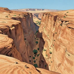 a deep canyon in the middle of the desert by dan seagrave art and Moebius
