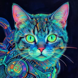 complex ortographic view of Bioluminescent flourescent portrait of kitten mecha, very very detailed and intricate , by Jen Bartel and Moebius and Dan Mumford and Satoshi Kon, gouache illustration, vivid colors, psychedelic lighting