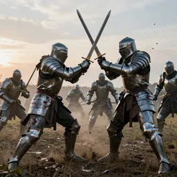 knights in battle armor swinging swords in battle, fear, blood splatter, flying mud, debris, anger, hate, fighting, field, wet, dawn, breath, cold, hyper realistic, high octane, hyper detailed, cinematic, wide angle h 6 0 0 w 1 2 0 0