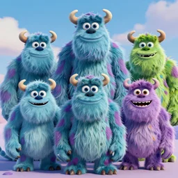 fluffy vibrant slightly scary monster with 5 heads, pixar art style