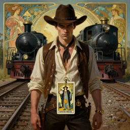 a dramatic ethereal epic symmetrical painting of a handsome villainous cowboy standing in front of railroad tracks with a train locomotive | his shirt is open and he has a pocketwatch | tarot card, art deco, art nouveau, (steampunk), homoerotic, realistic | by Mark Maggiori and ((((Alphonse Mucha))) | trending on artstation