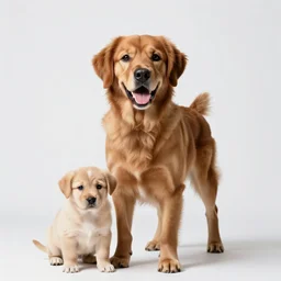 cheerful dog trainer with puppy, photorealistic portrait photography, full body, standing, isolated on a pure white background, centered, whole figure in frame, sharp focus, studio lighting