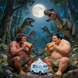photo, neanderthal people, first contact with sumo japanese people, eating hotdogs, surrounded by dinosaurs!, gigantic forest trees, sitting on rocks, bright moon, ice! cream! truck!