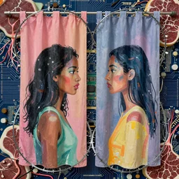 Pastel curtains with a razor wire flair draped over a background of a circuit boards made of meat, veins, wires, and neurons. Very pretty and colorful. Makes me feel like I did when I banged your sister. Abstract surrealism in the style of Basquiat and Heade.