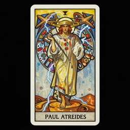 majestic dune themed paul atreides messianic tarot card by sachin teng, artgerm, alphonse mucha, masterpiece, organic painting, matte painting, technical geometrical drawing shapes, lightning electricity coil, hard edges, graffiti, screen printing poster art by sachin teng